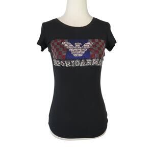 Vintage Y2K Emporio Armani Rhinestone Logo T-Shirt Black Graphic M